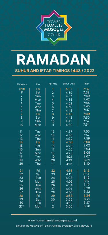 Ramadan 2021 Suhur and Iftar Timetable
